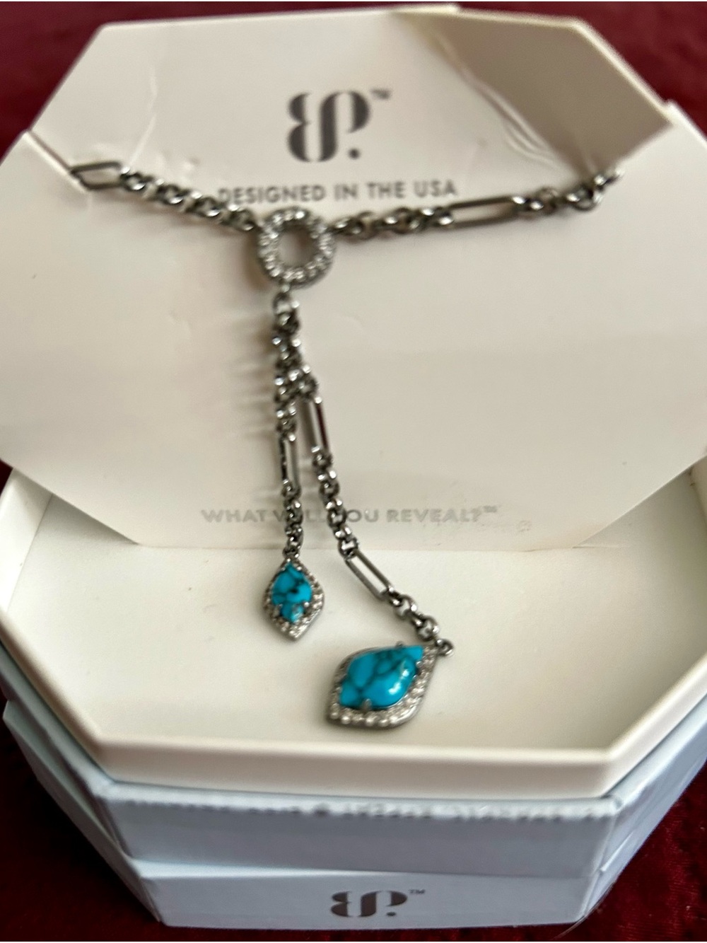 BP Dec. birthday. Turquoise Magnesite Drop Lariat Necklace hematite plating